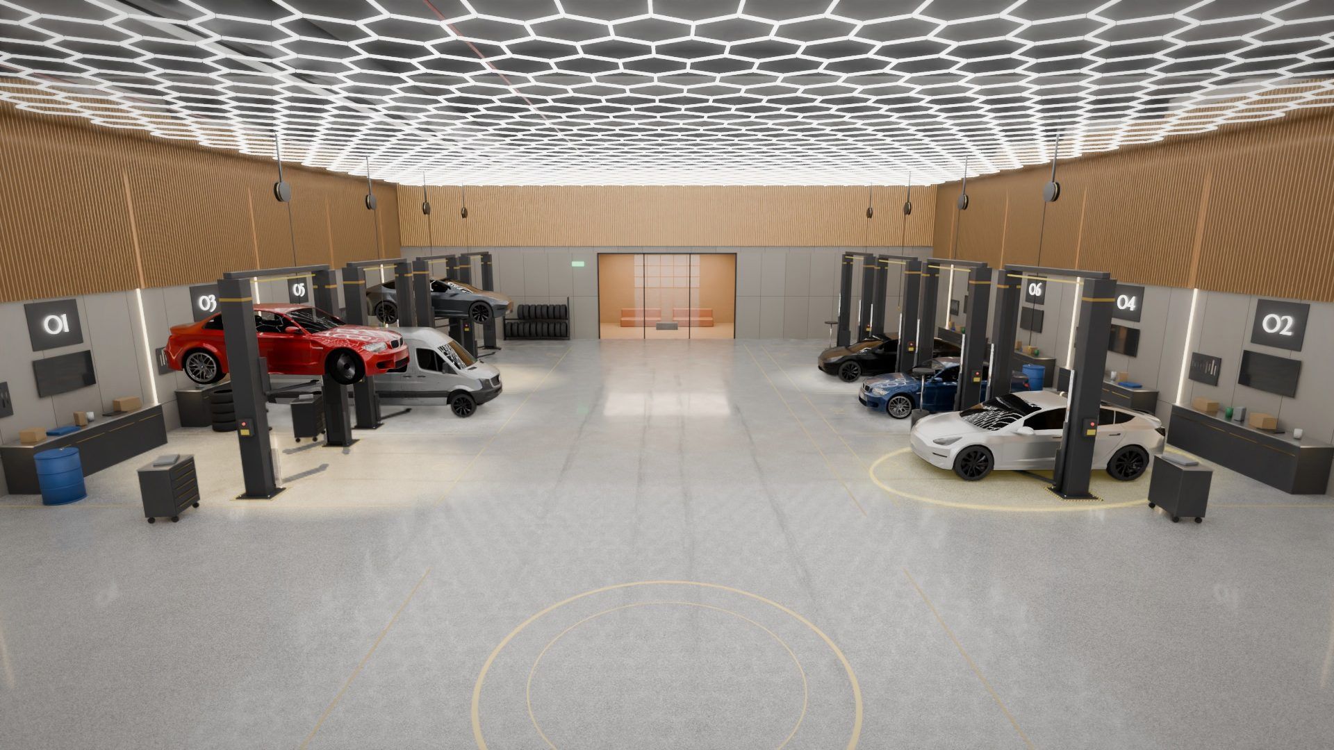 Le hall d'un garage sous un plafond de lumière : chaque voiture à sa place, sur le sol ou levée sur son pont